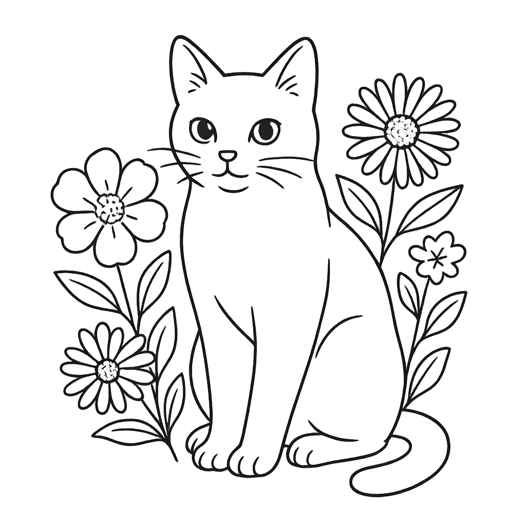 線画イラスト猫と花