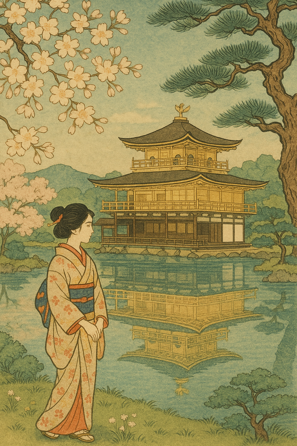 浮世絵・金閣寺と町娘